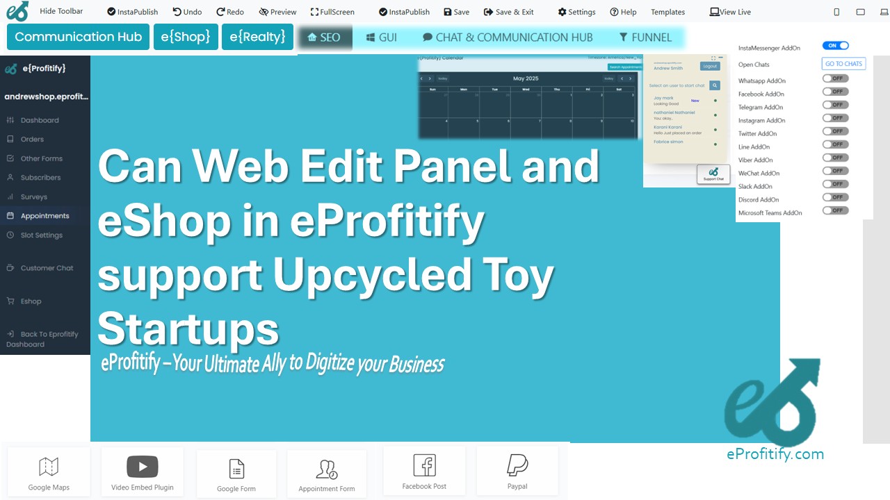 Can Web Edit Panel and eShop in eProfitify support Upcycled Toy Startups